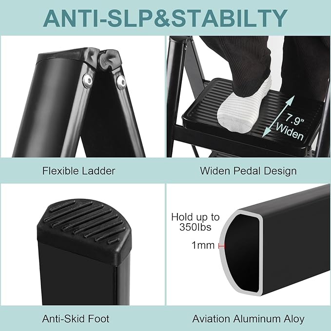 Upgraded 2 Step Ladder, 330 lbs Folding Aluminum Step Stool with Wide Anti-Slip Pedals, Lightweight & Portable Ladder for Kitchen, Closet, Office, Home Use - Black