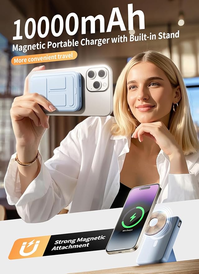 Magnetic Portable Charger, 10000mAh Wireless Power Bank with 20W USB-C Fast Charging, Foldable Stand & LED Display Magnetic Battery Pack, Compatible with iPhone 16/15/14, Sky Blue