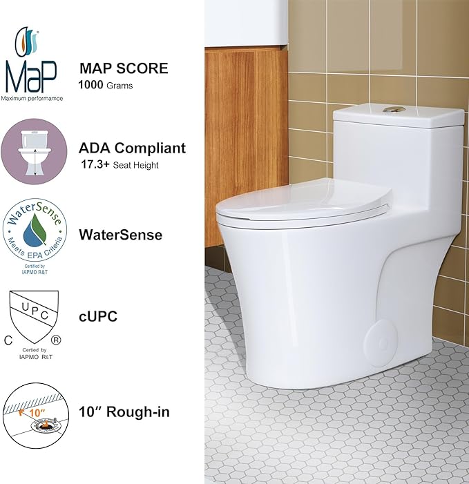 HOROW T0338W One Piece Toilet 10" Rough-in, Elongated Toilet with Comfortable Seat Height, ADA Chair Height 17.3", Dual Flush 0.8/1.28 GPF & MAP 1000g, Standard White Toilet Bowl, Space Saver Design