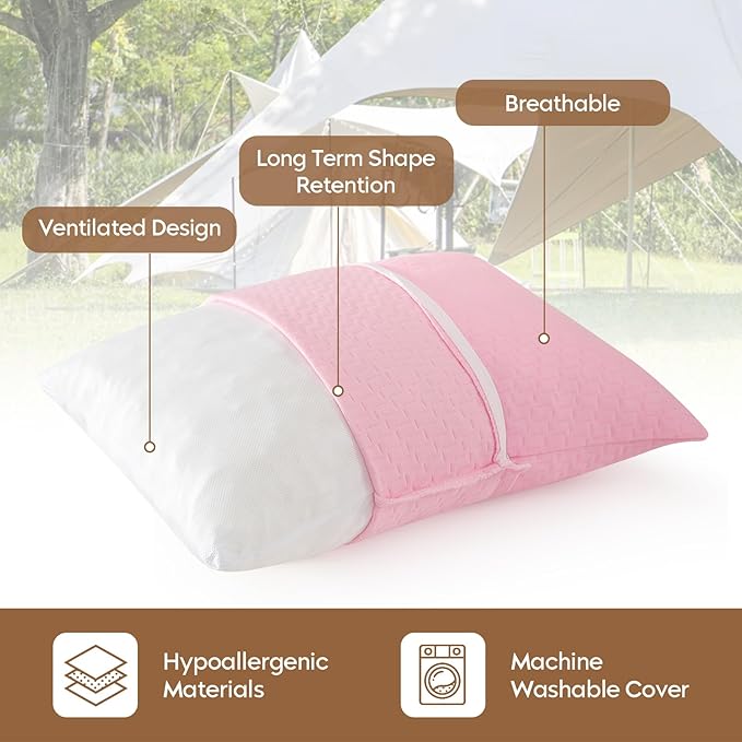 Small Shredded Memory Foam Pillow, Camping Pillow Travel Pillow - Compressible Medium Firm, Breathable Cover, Ideal Backpacking Hiking, Airplane and Car (Apricot Pink, L)
