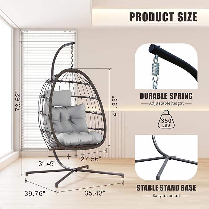 HWB Hanging Egg Chair with Stand, Swing Hammock Chair with Cushion for Indoor Outdoor, Patio Wicker Egg Swing Chair for Balcony Furniture, Light Gray