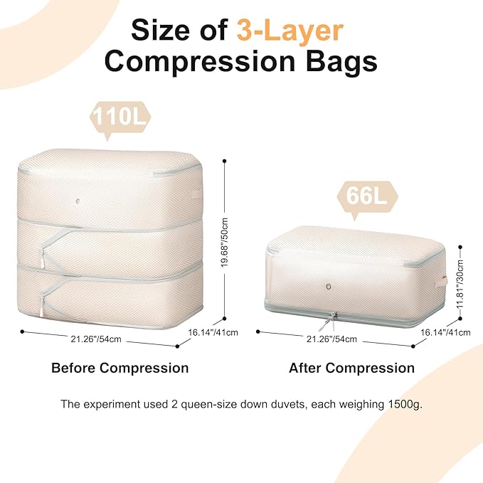Comforter Storage Bag - Large Capacity Blanket Storage Bags 3-Layer Ultra Space Saving Self Compression Organizer, Washable Compression Bags for Storage Comforter Blanket, 6-Pack, Beige