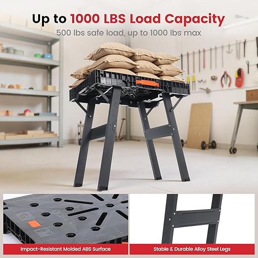 Express Folding Work Table Easy Setup Portable Workbench with 1000lbs Load Capacity Lightweight Versatile Workstation with 2 Clamps, 2 Clamp Dogs, Power Strip for Garage Workshop Home