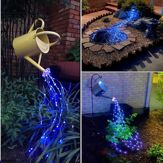 Solar Fairy String Lights Outside Blue, Multi Strand 180 LEDs Watering Can Light for Outdoor, Waterproof Solar Powered Waterfall Lights, Firefly Bunch Lights for Garden Décor