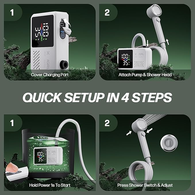 Portable Shower for Camping, Powerful 10L/Min Water Flow, Rechargeable Shower Pump with Bath Sponge, 4 Spray Modes, IPX8 Waterproof, 7800mAh Battery, Ideal for Hiking, Travel, Car Wash, Pet