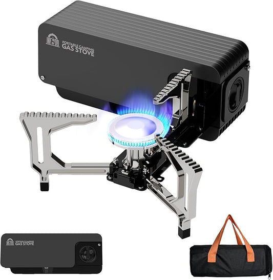 Portable Camping Stove, Folding Camp Stove, Butane Gas Stove with Carrying Bag for Indoor Outdoor Cooking, Backpack Hiking Home Travel, Outdoor Patio, RV Trip & Picnic, Black