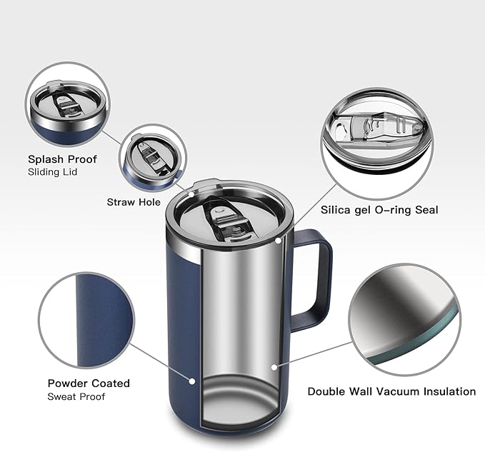 KXIAOCHEN 20oz Insulated Coffee Mug with Lid, Stainless Steel Coffee Cup, Double Wall Vacuum Coffee Tumbler with Handle, Premium Thermal Travel Coffee Mug (Blue Navy Purple 2Pack)