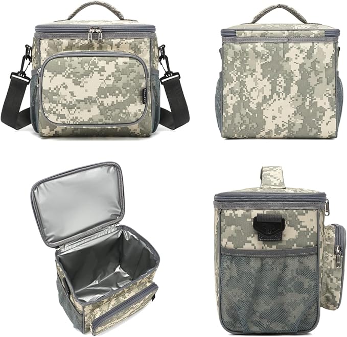 FlowFly Insulated Reusable Lunch Bag Adult Large Lunch Box for Women and Men with Adjustable Shoulder Strap,Front Zipper Pocket and Dual Large Mesh Side Pockets,DigitalCamo