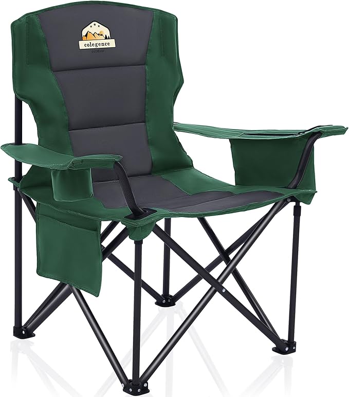 Oversized Folding Camping Chairs - 450 LBS Support Heavy Duty Camp Chair with Padded Cushion, Portable Outside Chairs with Carry Bag，Cooler, Cup Holder for Outdoor, Lawn, Sports - Green