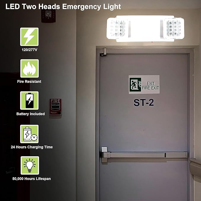 LIT-PaTH LED Emergency Lighting Fixtures with 2 LED Heads and Back Up Batteries- US Standard Exit Light, UL 924 and CEC Qualified, 120/277 Voltage, 2-Pack
