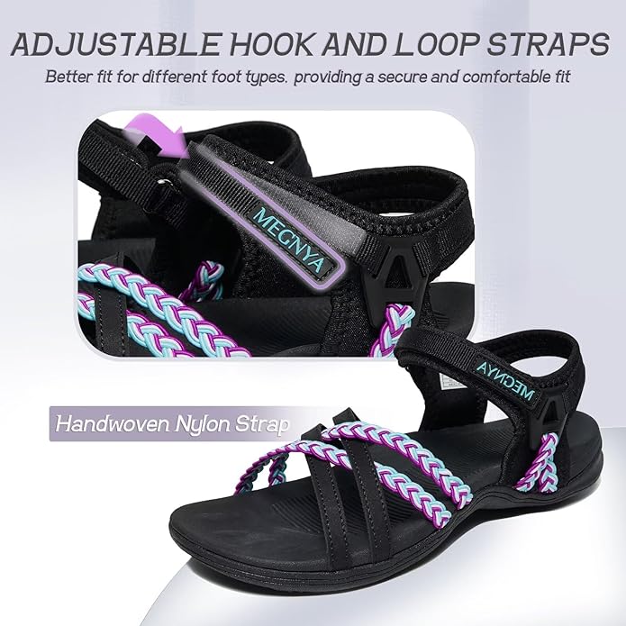 MEGNYA Hiking Sandals for Women, Arch Support Comfortable Walking Sandals Hook Loop Strap, Sports Lightweight Slides