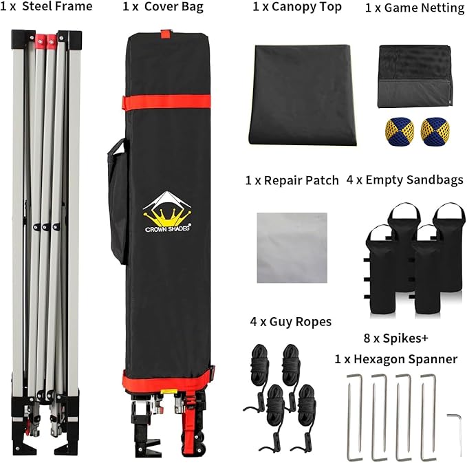 CROWN SHADES 10x10 Pop Up Canopy Tent with Game Netting - Beach Tent with One Push Setup - Outdoor Sun Shade for Events, Parties, Camping with STO-N-Go Cover Bag, Silver Coated Top, Black