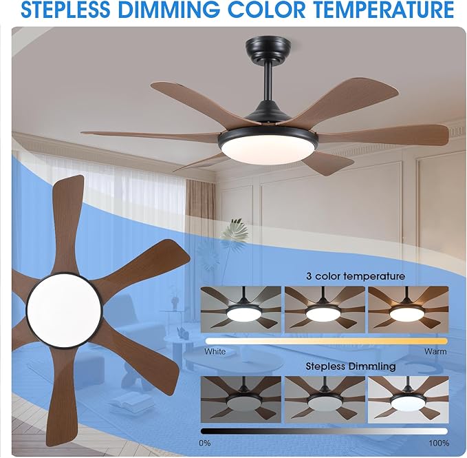 Ceiling Fans with Lights-47 Low Profile Ceiling Fan with Light and Remote/APP Control,Flush Mount,DC Reversible,LED Dimmable Ceiling Fans for Bedroom,Indoor/Outdoor Patio Use(Brown)