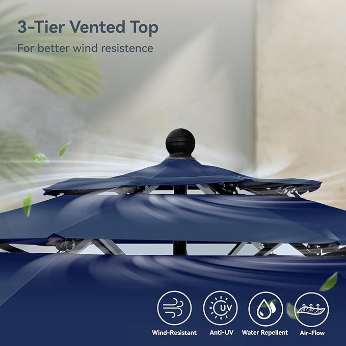 PHI VILLA 10ft Outdoor Patio Umbrellas for Outside, 3 Tier Vented Market Table Umbrella Windproof for Backyard, Deck, Garden, 1.5" Pole, Dark Blue（No Base）