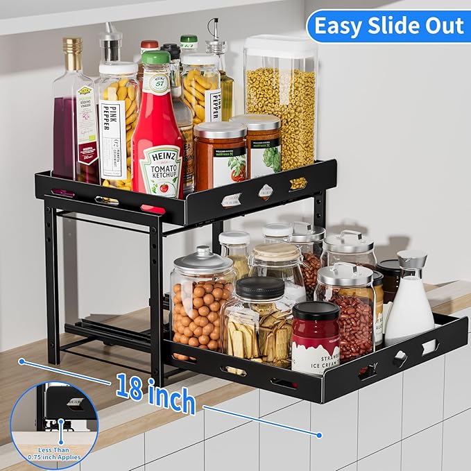 Spice Organization for Cabinet, 2-Tier Cabinet Spice Rack, Height Adjustable Vertical Spice Rack Pull Out for Kitchen, Cabinet, Pantry (14.1''Wx10.8''Dx9.2''H, Metal Black)