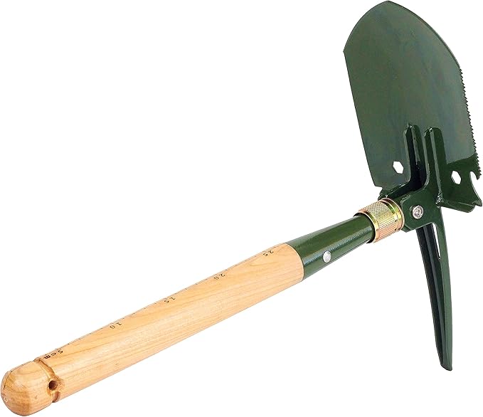 Mastiff Gears ® Wooden Handle Folding Survival Shovel w/Pick - Heavy Duty Carbon Steel Military Style Entrenching Tool for Off Road, Camping, Gardening, Beach, Digging Dirt, Sand, Mud & Snow