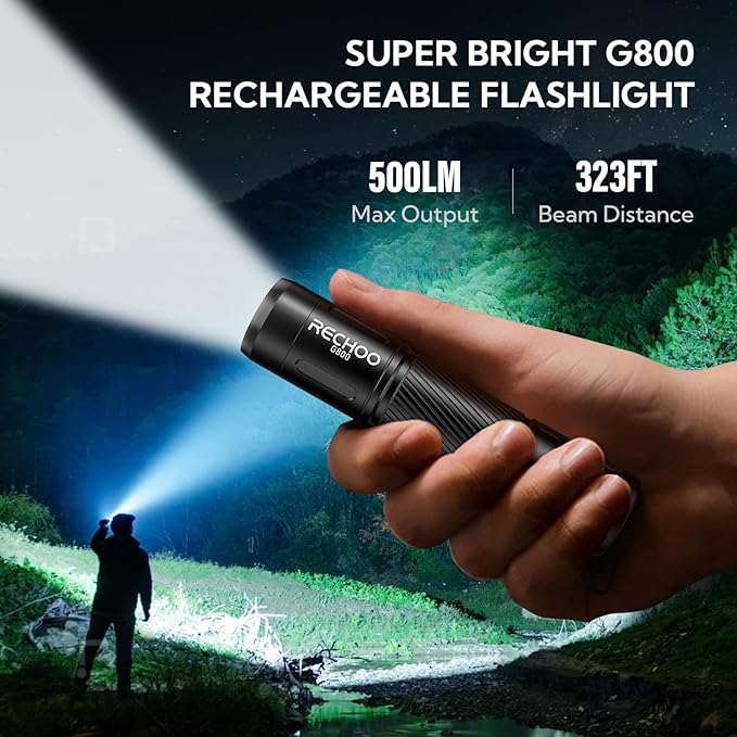 RECHOO Flashlight Rechargeable 2 Pack, 500 Lumens, 3 Lighting Modes & Zoomable, Small Tactical Torch Light for EDC and Emergency, Water Resistant, Duable, Included Pocket Clip & Lanyard