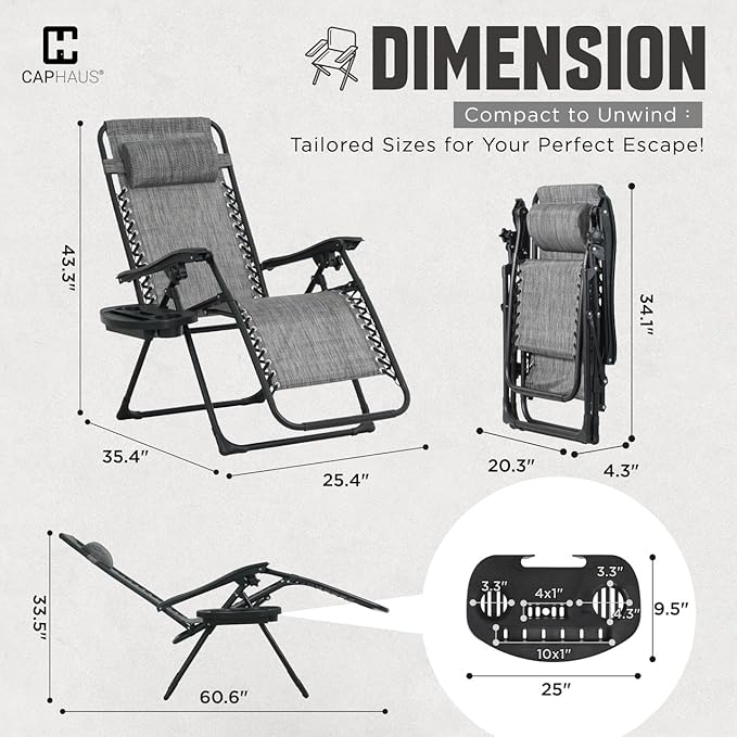 CAPHAUS Set of 2 Grey Zero Gravity Chair, Zero Gravity Recliner, Zero Gravity Lounge Chair, Anti-Gravity Chair for Indoor & Outdoor, Folding Reclining Chair w/Side Tray, Adjustable Pillow, Grey