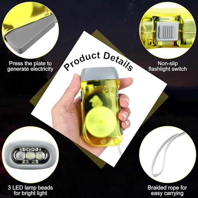 Treela 36 Pcs Hand Crank Flashlights Operation Christmas Items Bulk Squeeze Flashlight No Battery Required Torchlight 3 Powered Charging for Emergency(Green, Blue, Yellow, Grey)