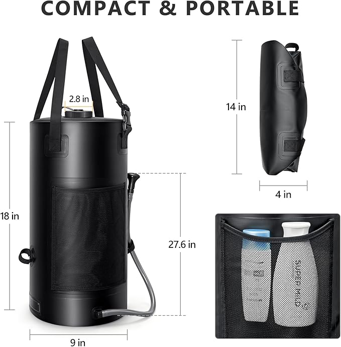 Solar Shower Bag, 5 Gal/3 Gal Solar Heating Camping Shower Bag, On-Off Switchable Shower Head, Portable Shower with Thick Tarpaulin for Camping, Surfing, Outdoor Traveling, No Tear & Leak