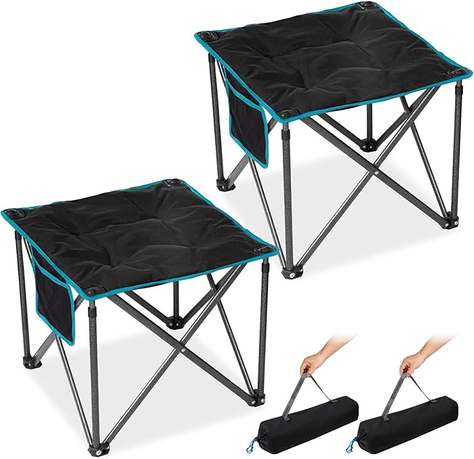 FUNDANGO Folding Camping Stool, 2 Pack 18.1 Inch Oversized Foot Stools 400 Lbs Heavy Duty Portable Padded Seat Anti-Slip Foots & Carry Bag for Fishing Outdoor Lawn Travel (Black)