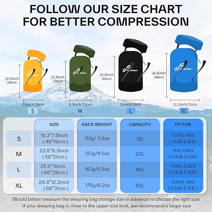 Sportneer Compression Sack, 13L/20L/40L/50L Sleeping Bag Stuff Sack, Tear-Resistant Ultralight Sleeping Bag Compression Sack-Space Saving Gear for Camping Hiking Travel
