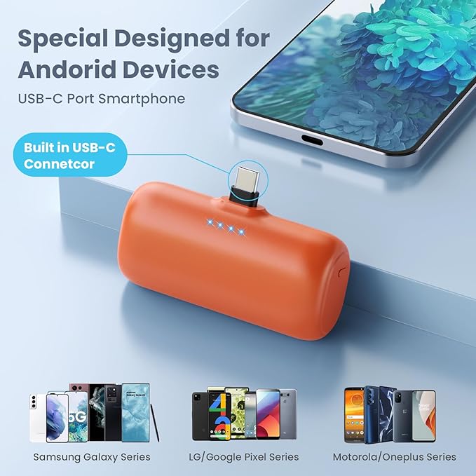 Mini Portable Charger for iPhone 16/15, 5200mAh 3A PD USB C Power Bank Cell Phone Fast Charging,Ultra-Compact Battery Pack for iPhone 16/15/15 plus/15 pro/15 pro Max/Android/Samsung/Moto/LG-Orange
