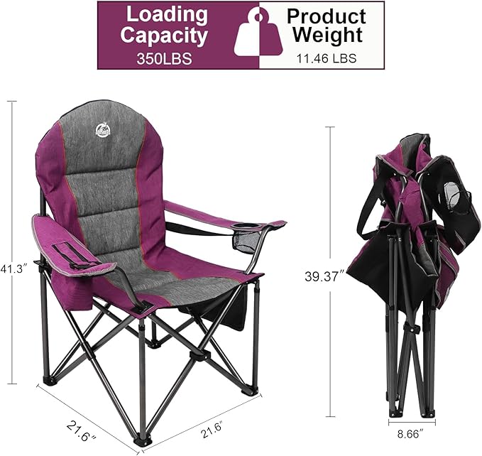 Northroad Oversized Portable Camping Chair, Full Padded Outdoor Folding Chair Support 350 LBS, Heavy Duty Lawn Chair with Cup Holder, Cooler Bag, Lumbar Support, Head Pocket for Adult (Purple)