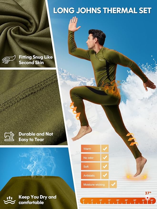 romision Thermal Underwear for Men Long Johns Fleece Lined Hunting Gear Bottom Top Set Base Layer for Cold Weather Gift