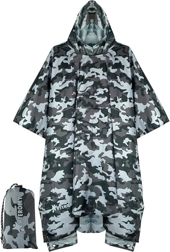 PTEROMY Hooded Rain Poncho for Adult with Pocket, Waterproof Lightweight Unisex Raincoat for Hiking Camping Emergency