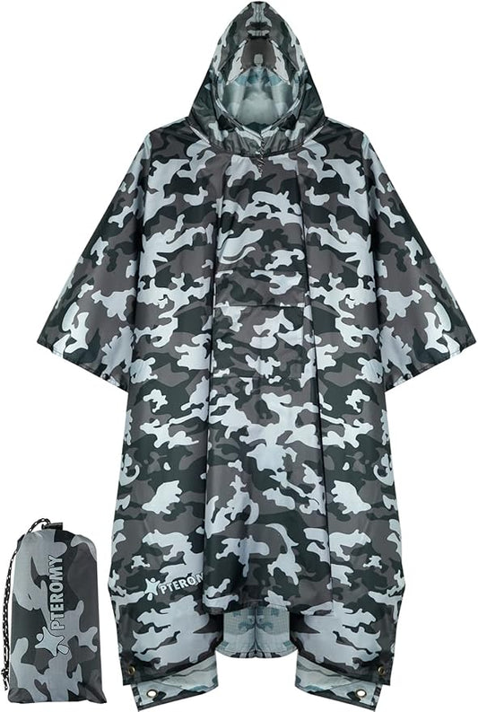 PTEROMY Hooded Rain Poncho for Adult with Pocket, Waterproof Lightweight Unisex Raincoat for Hiking Camping Emergency