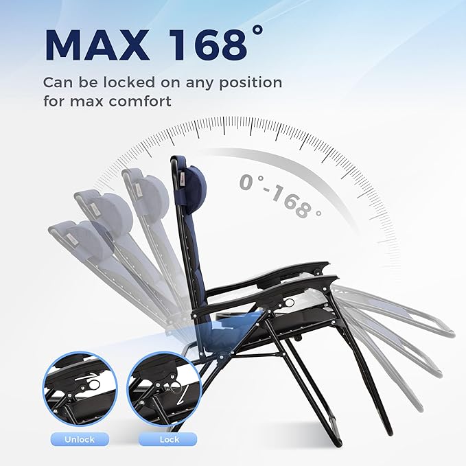 MAISON ARTS Oversized XXL Padded Zero Gravity Chair, Lawn Outdoor Lounge Chairs Set of 2, Foldable Recliners 28" Wide Seat Anti-Gravity for Patio Camping Poolside Yard, Support 400lbs, Blue & Black