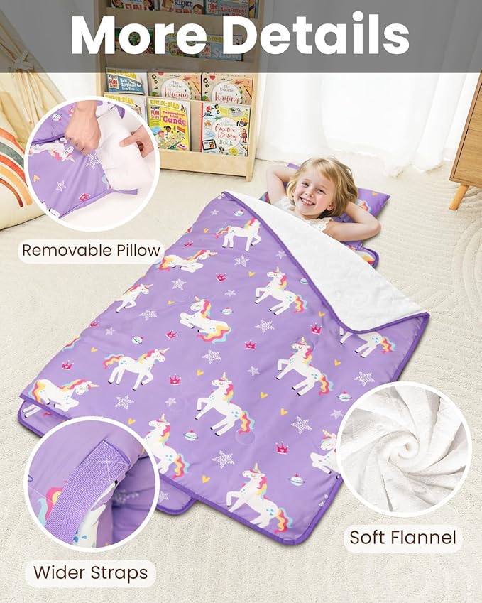 Primlect Toddler Nap Mat with Removable Pillow and Flannel Blanket, Portable Kids Sleeping Bag, Easy to Carry on The Go, Perfect for Daycare, Preschool, Boys and Girls, 12 Months - 6 Years