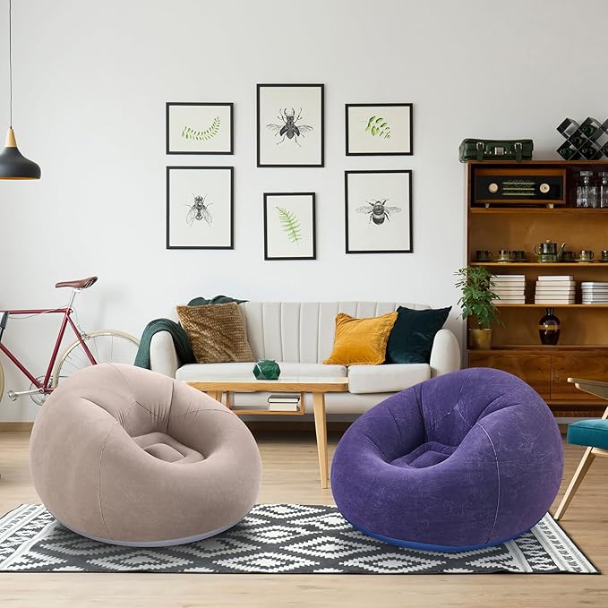 Realspring Inflatable Bean Bag Chairs Outdoor Blow up Camping Chairs Inflatable Lazy Sofa Folding Portable Bean Bag Loungers Couch for Movie Night(Brown, Blue,2 Pcs)