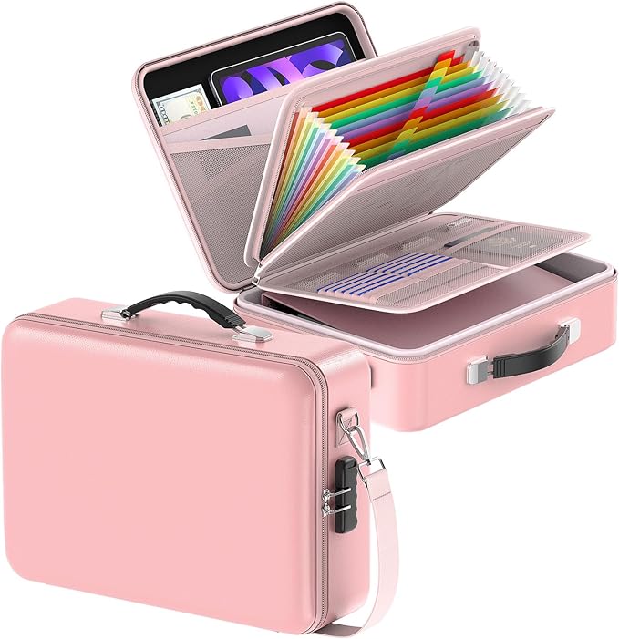 File Organizer, Hard Case Fireproof Document Box with Lock, Hard-Shell Important Document Organizer Safe Box Fireproof Waterproof, Home Office Supplies Storage and Organization (Pink)