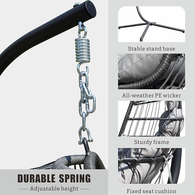 HWB Hanging Egg Chair with Stand, Patio Wicker Hammock Egg Swing Chair with Cushion for Bedroom Garden Indoor Outdoor (Grey)