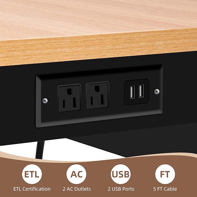 48" Adjustable Workbench with Power Outlets, Work Table for Garage, 2000 LBS Capacity Hardwood Work Bench, Heavy Duty Table for Workshop, Office, Garage, Home