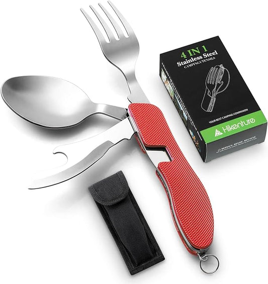Camping Eating Utensils HIKENTURE 4-In-1 Stainless Steel Spoon Fork Knife Bottle Opener Set,Foldable Backpacking Cutlery for Traveling, Hiking, Boy Scout Gift(Red)