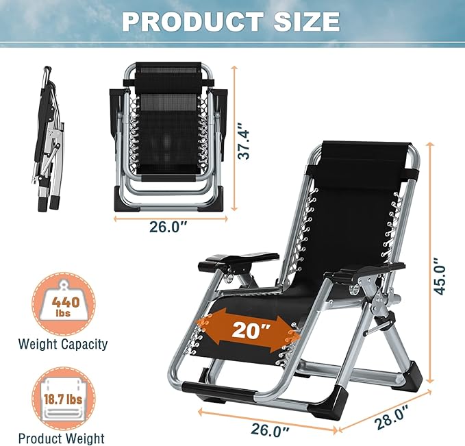 ABORON Zero Gravity Chair,Premium Outdoor Lawn Folding Lounge Chairs,Sturdy Adjustable Reclining Patio Chairs with Removable Cushion,Headrest & Tray