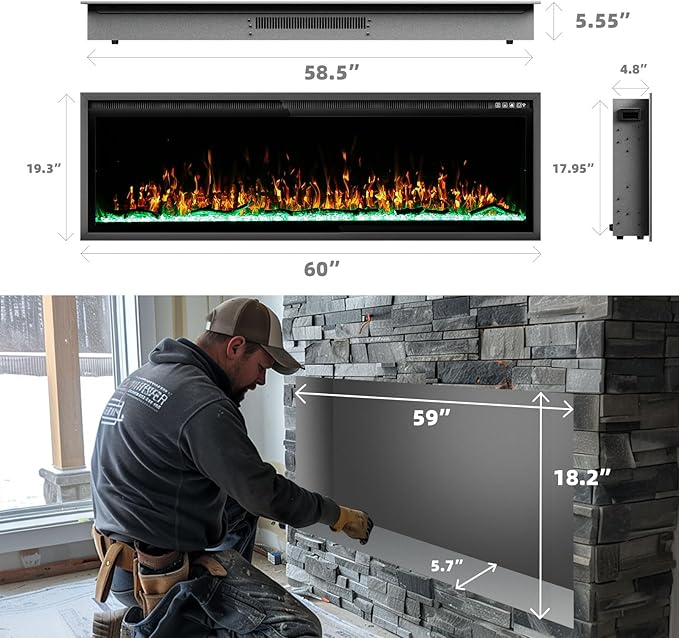 BREEZEHEAT 60 Inch Electric Fireplace-Recessed & Wall Mounted Linear Fireplace-750/1500W Heater w/Temperature Control, Log & Crystal Options, Adjustable Flame, Remote Control