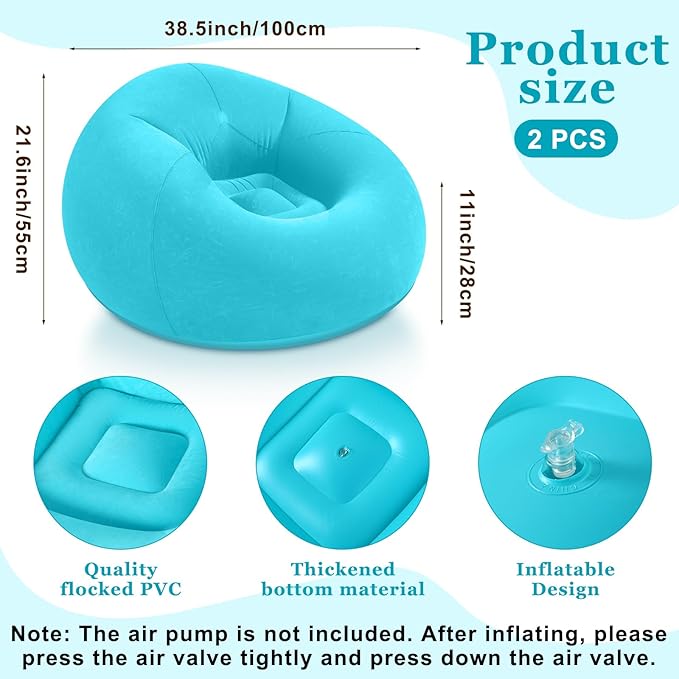 Realspring Inflatable Bean Bag Chairs Outdoor Blow up Camping Chairs Inflatable Lazy Sofa Folding Portable Bean Bag Loungers Couch for Movie Night(Lake Blue,2 Pcs)