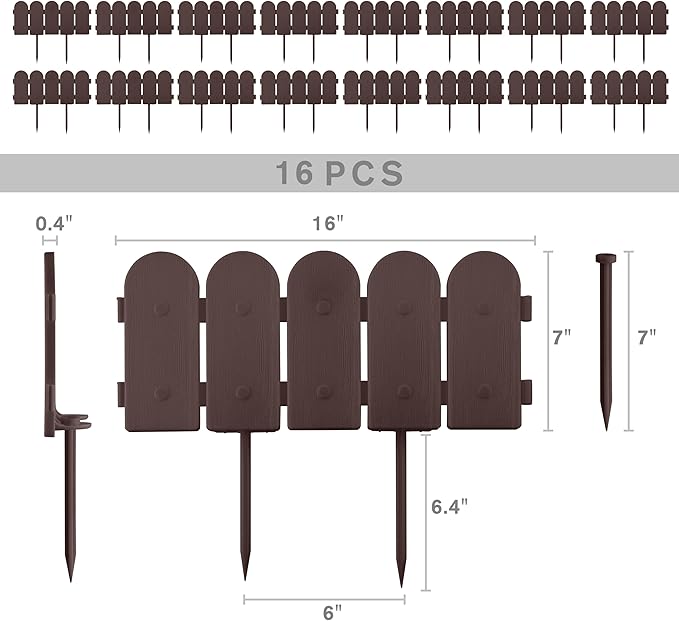 Evelyne Garden Border Edging: Wooden Fence Design - 16pcs Brown Yard Landscaping Fence Liner Lawn Edge Barrier - 20ft Kit of Decorative Lawn Landscape Panels Elements -Landscaping Edging-GMT-10374-A16
