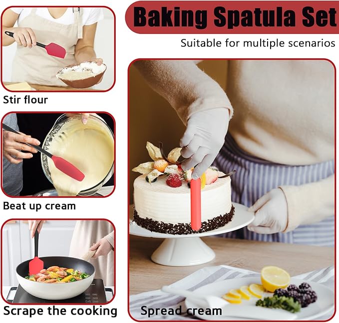 Oven Mitts with Heat-Resistant Hot Pads and Five Silicone Spatulas Designed for Kitchen Baking Cooking, Oven Glove Soft Cotton Lining, Waterproof, BPA-Free (RED, 12.6)