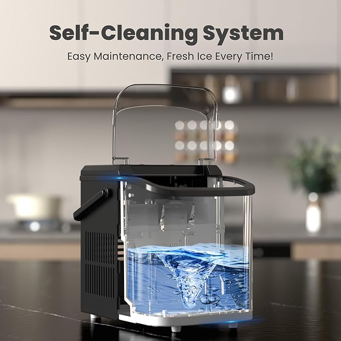 DUMOS Portable Ice Maker for Countertop with Handle, 26lbs/Day, 9 Bullet Ice Cubes Ready in 6 Mins, Self-Cleaning Quiet Ice Machine for Home, Kitchen, RV, Camping, Black