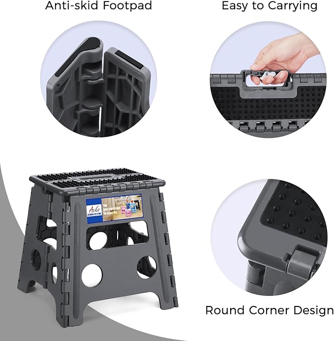 ACKO Folding Step Stool 13 inch Height Premium Heavy Duty Foldable Step Stools for Adults and Kids, Kitchen Plastic Small Collapsible Stepping Stool Hold Up to 300 LB Dot Grey (1 Pack)