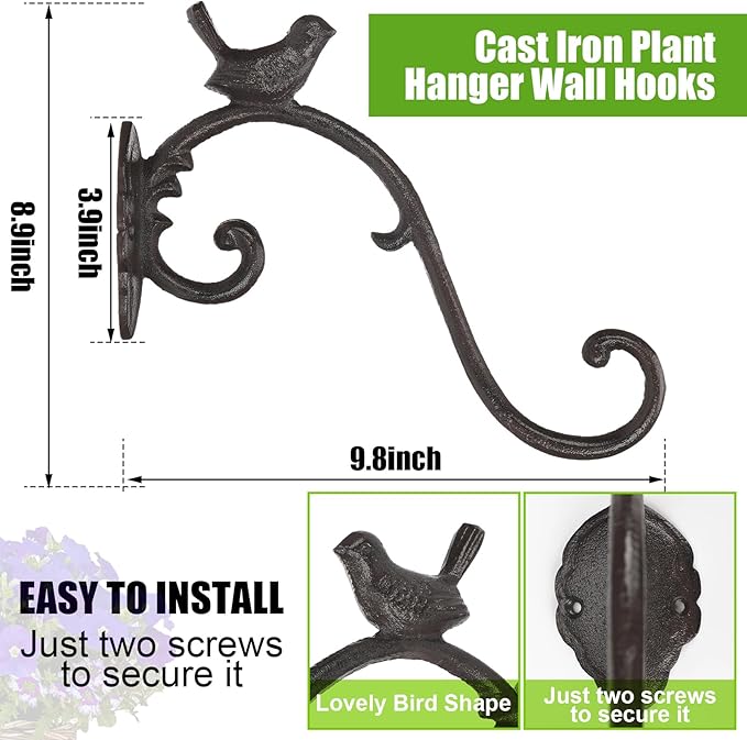 Moxweyeni 2 Pcs Cast Iron Plant Hangers Outdoor 10" Heavy Duty Hanging Basket Brackets Lovely Bird Shape Decorative Wall Hangers for Flower Pots Bird Feeder Wind Chime Lantern(Rust)