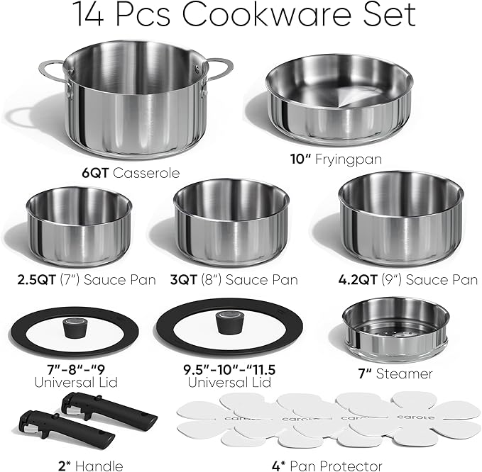 CAROTE 14pcs Stainless Steel Cookware Set with Detachable Handle, Nonstick Pots and Pans Set, Induction Kitchen Cookware Sets with Removable Handle, RV Cookware Set, Oven Safe, Camping Cookware, Black