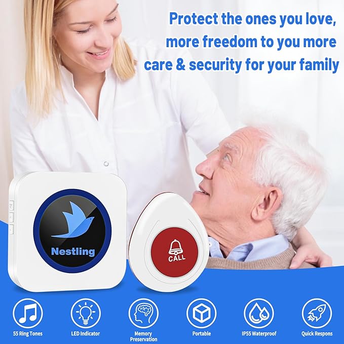 Nestling® Wireless Caregiver Pager SOS Call Button Nurse Alert System Call Bell for Elderly Monitoring Patient Disabled 1 Waterproof Panic Call Button & 1 Plugin Receiver