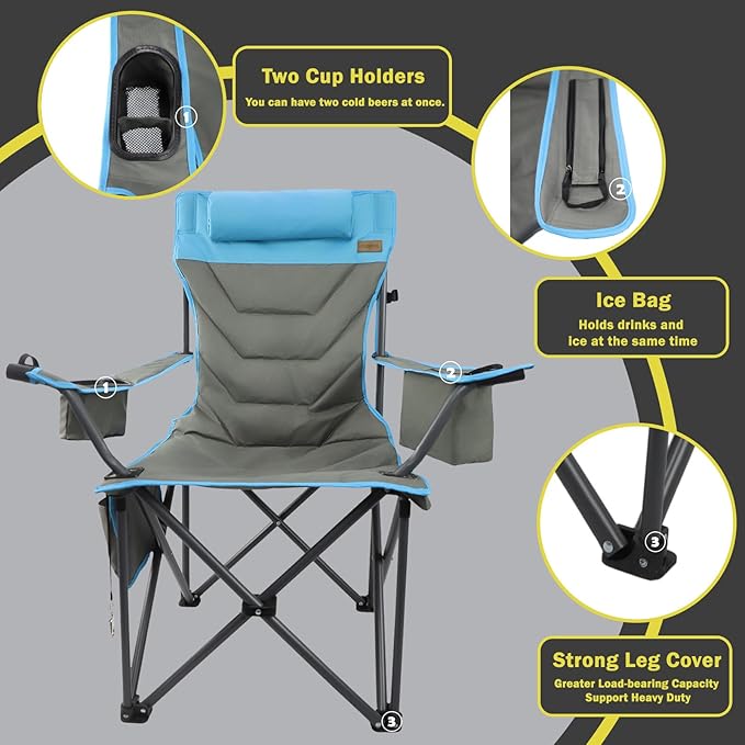 Outdoor Folding Camping Chair -Oversize Camping Chairs for Adults,Support 400lbs with Pillows & Cup Holders & Cooler Bags- Heavy Duty Collapsible Chairs for Sports Garden Beach Fishing(Bluegray)