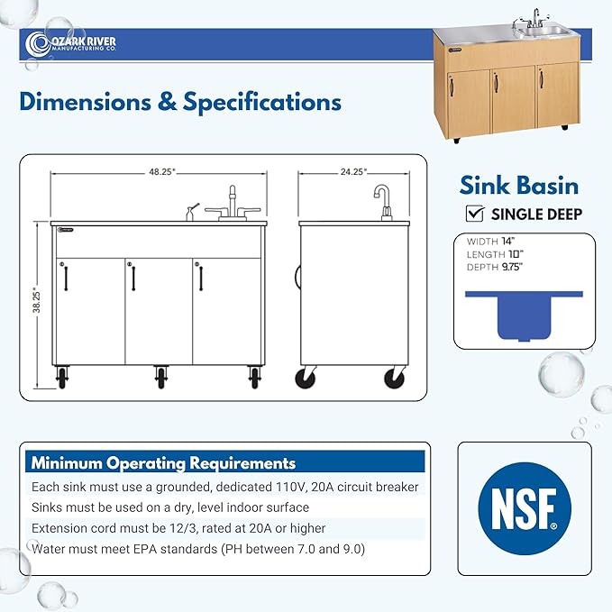 Ozark River Portable Sinks, Advantage S1D, Maple Laminate Cabinet-Stainless Countertop, Hot Water Hand Washing Station with Countertop & Storage Space, Self Contained Sink, Portable Hand Washing Sink